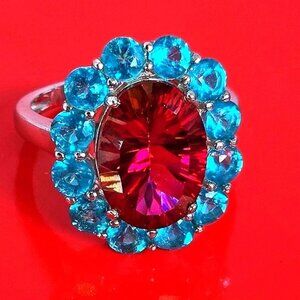 Blue and Red Crystal Halo Ring - Women's Fashion Ring